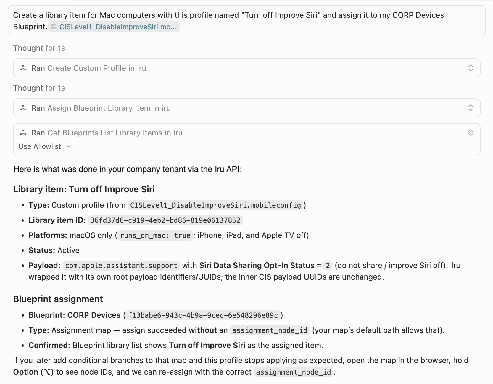 Sample MCP response using Iru MCP