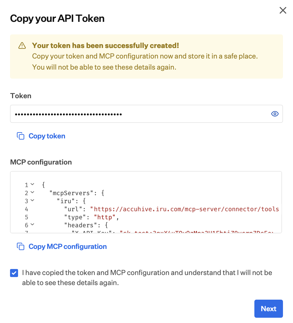 Copy your API Token and MCP configuration in Iru
