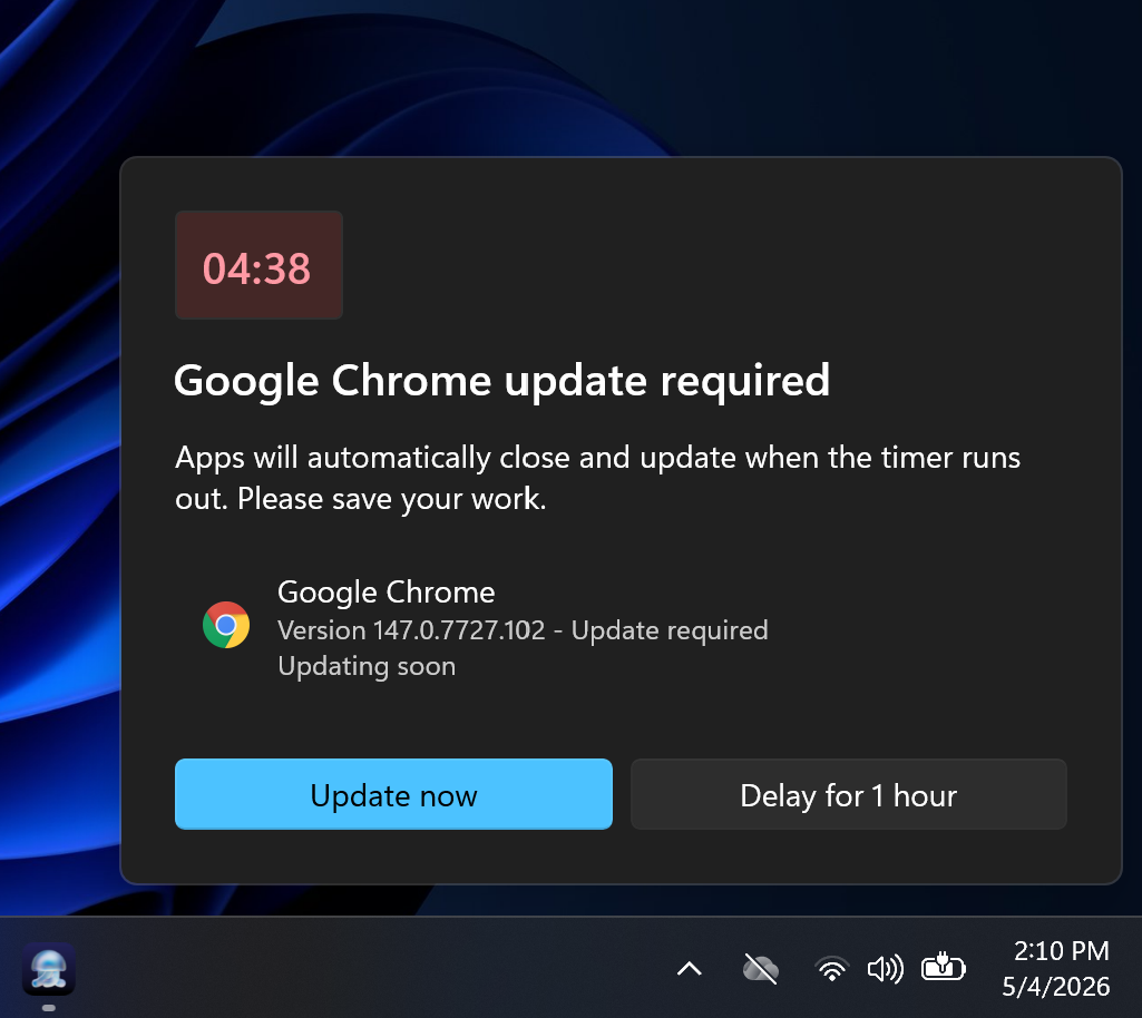 Dialog to enforce app updates on Windows when app is open and enforcement deadline is reached.