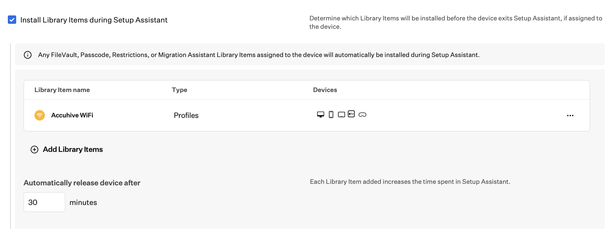 Install Library Items during Setup Assistant on Apple devices using the ADE Library Item