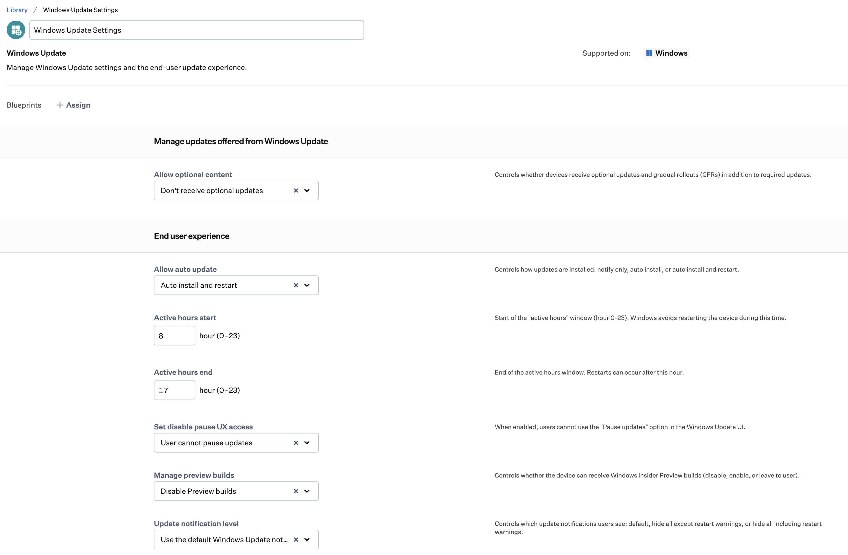 Windows Update Libraty Item showing settings to manage end-user experience